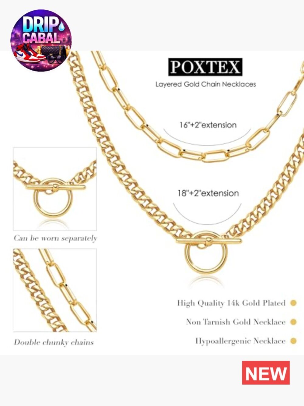 Chunky Gold Layered Paperclip Cuban Chain Necklace Set 2 Pack - Picture 6 of 7